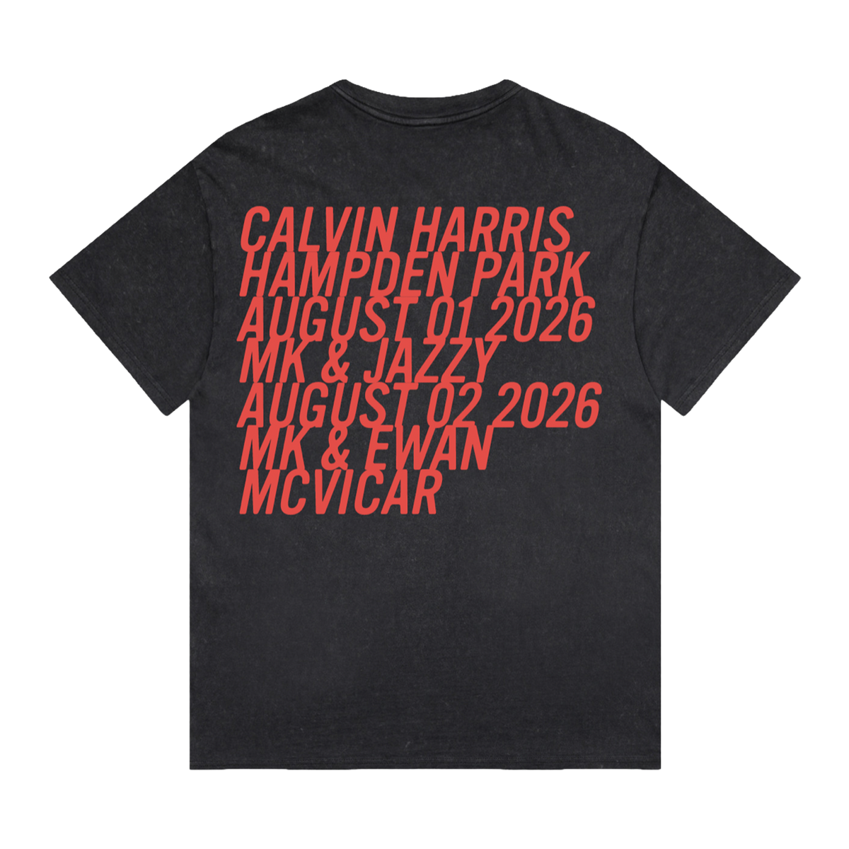 A black short-sleeve t-shirt with a stacked list of names and dates printed in a coral-red font on the back, shown against a plain white background.