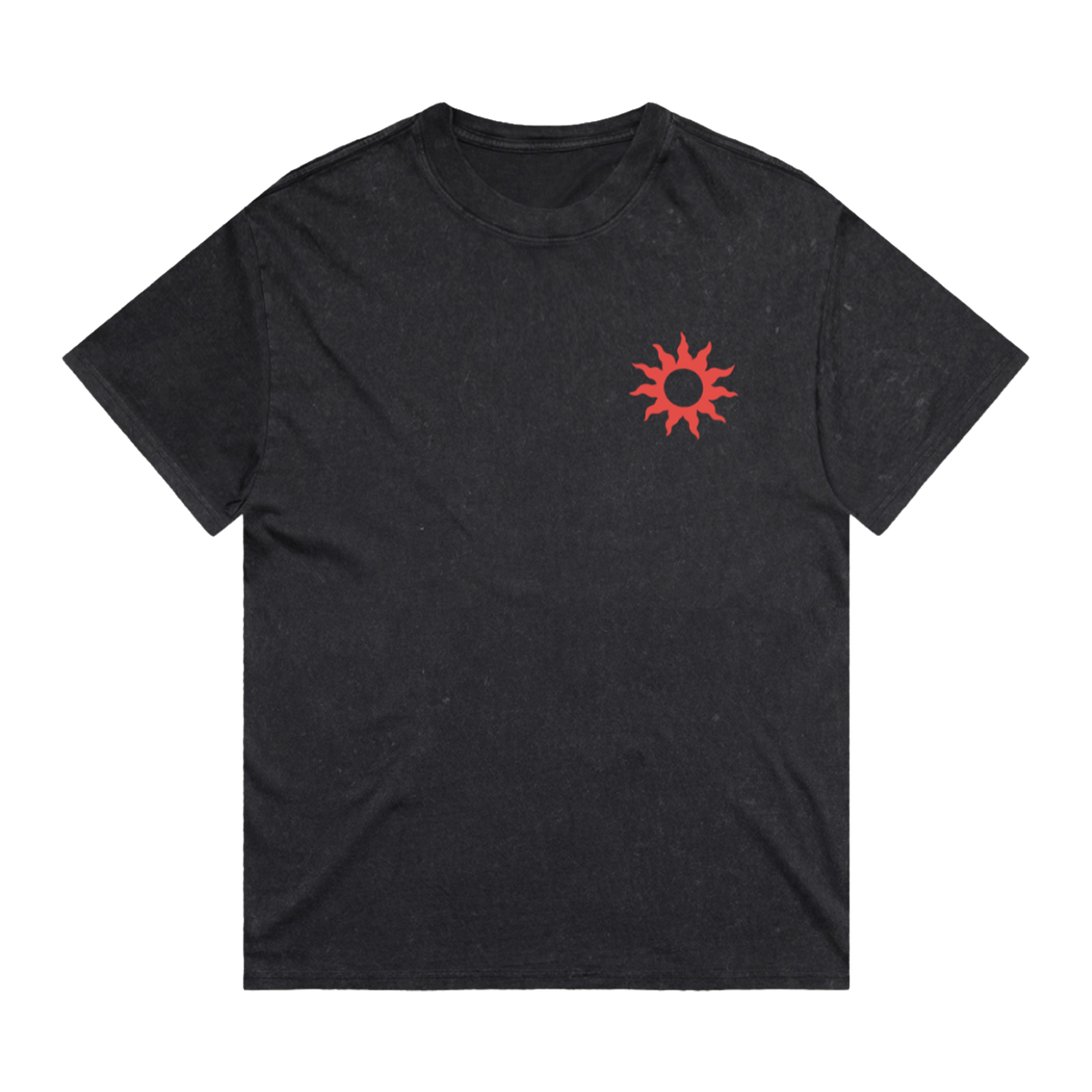 A black short-sleeve crewneck t-shirt with a small red sunburst graphic printed on the left chest, displayed flat against a solid white background.