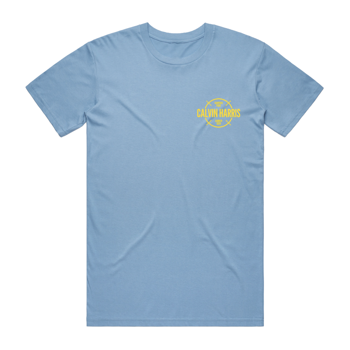 A light blue short-sleeve crewneck t-shirt with a small yellow circular logo on the left chest that reads 'CALVIN HARRIS'.