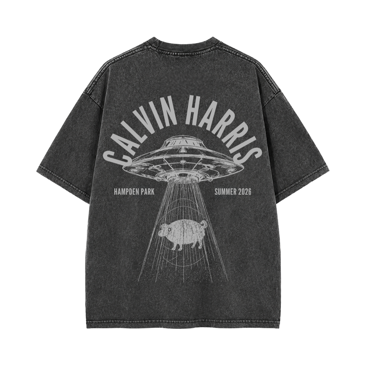 A dark gray mineral-wash t-shirt shown from the back, featuring a large white graphic print of a UFO, a pig, and the text 'CALVIN HARRIS', 'HAMPEN PARK', and 'SUMMER 2026'.