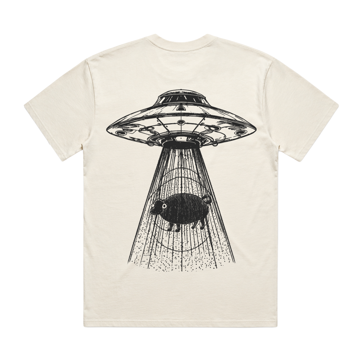 An off-white short-sleeve t-shirt with a large black graphic print on the back showing a classic flying saucer with a pig inside, set against a plain white background.