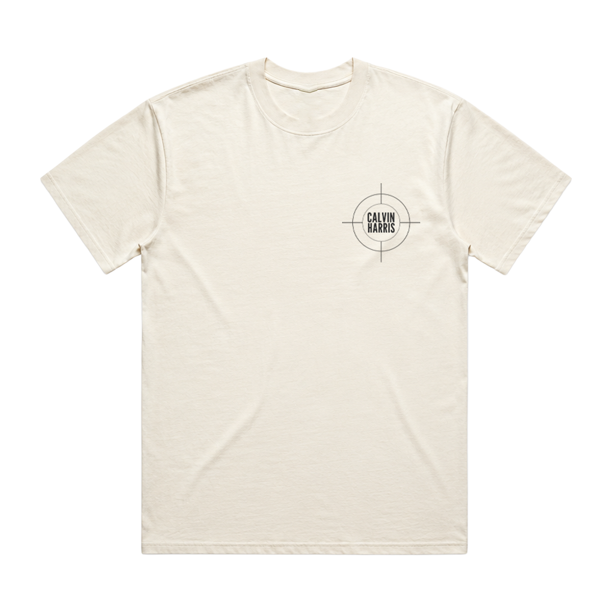 An off-white crewneck t-shirt with a small black Calvin Harris logo printed on the left chest, displayed against a solid white background.