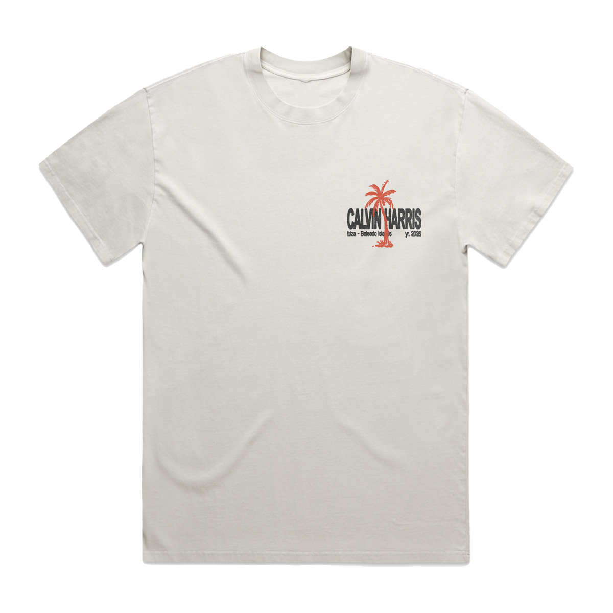 Ecru short-sleeve T-shirt with a Calvin Harris palm logo printed on the front chest.