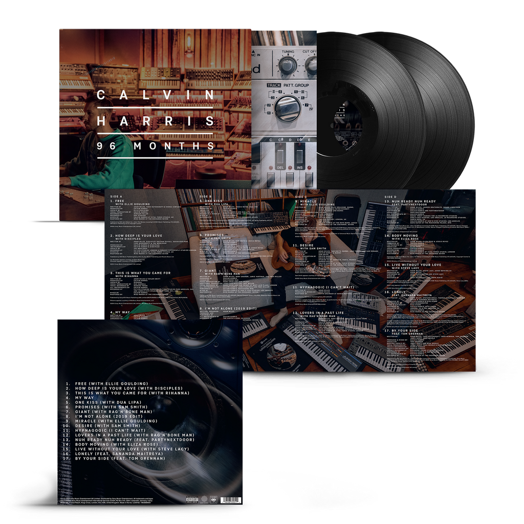 Packshot of Calvin Harris - Ready for the Weekend Standard Black Vinyl 2LP showing the front cover, two vinyl records and inserts