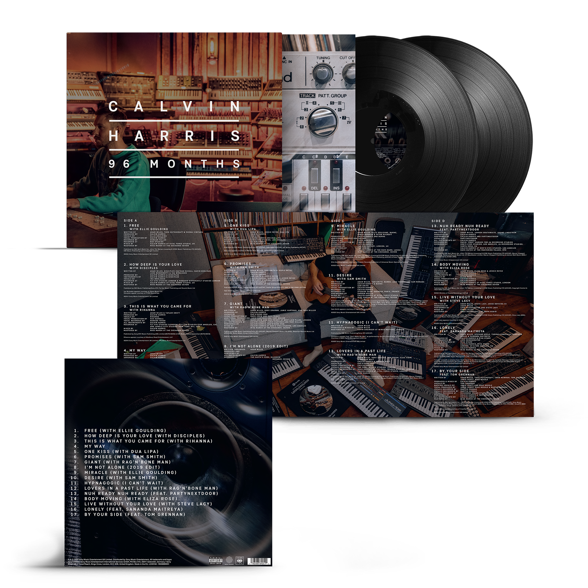 Packshot of Calvin Harris - Ready for the Weekend Standard Black Vinyl 2LP showing the front cover, two vinyl records and inserts