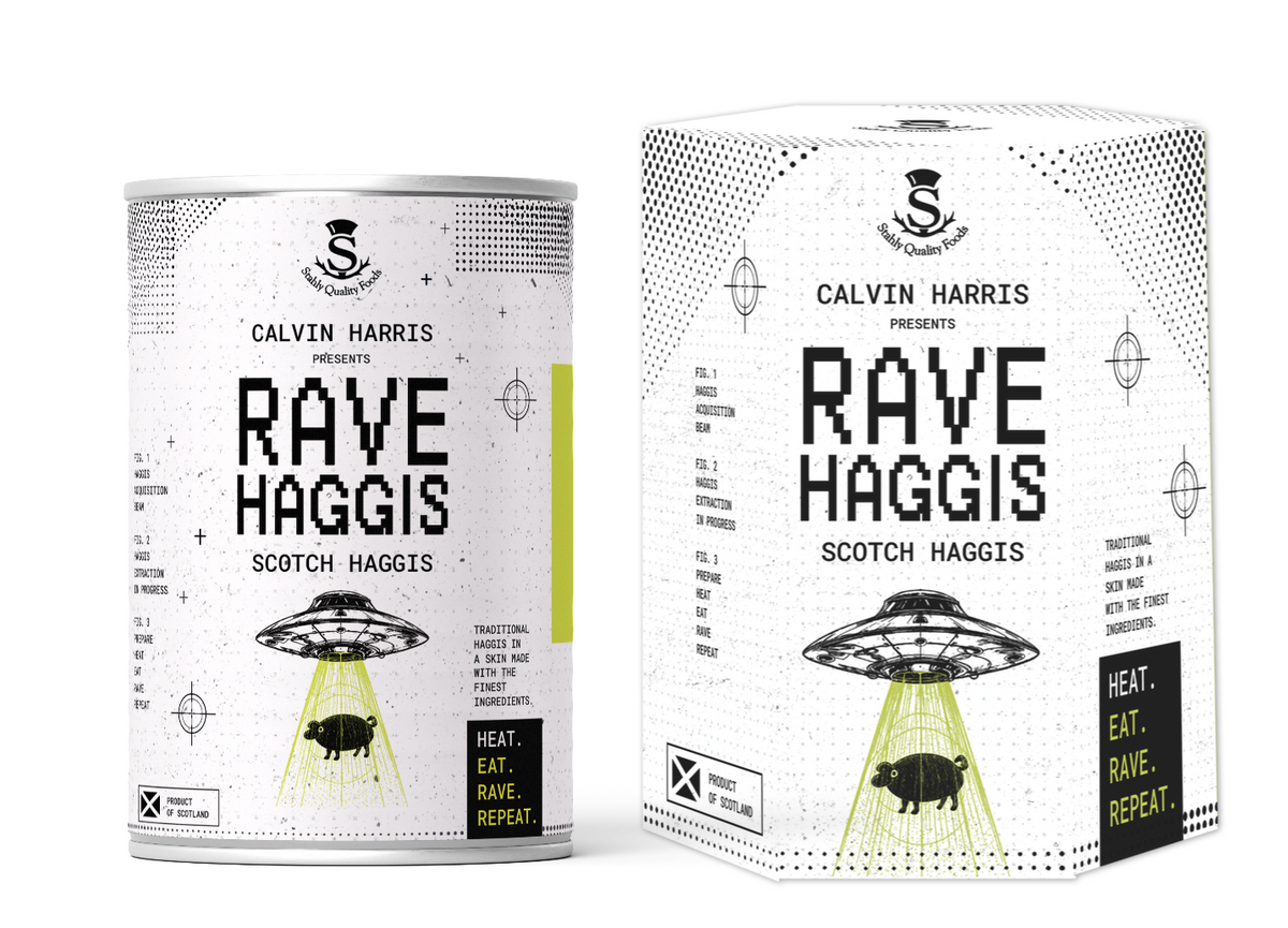 A can and a box of Calvin Harris Presents Rave Haggis Scotch Haggis, featuring a white and black design with a UFO graphic and a black pig illustration, on a white background.